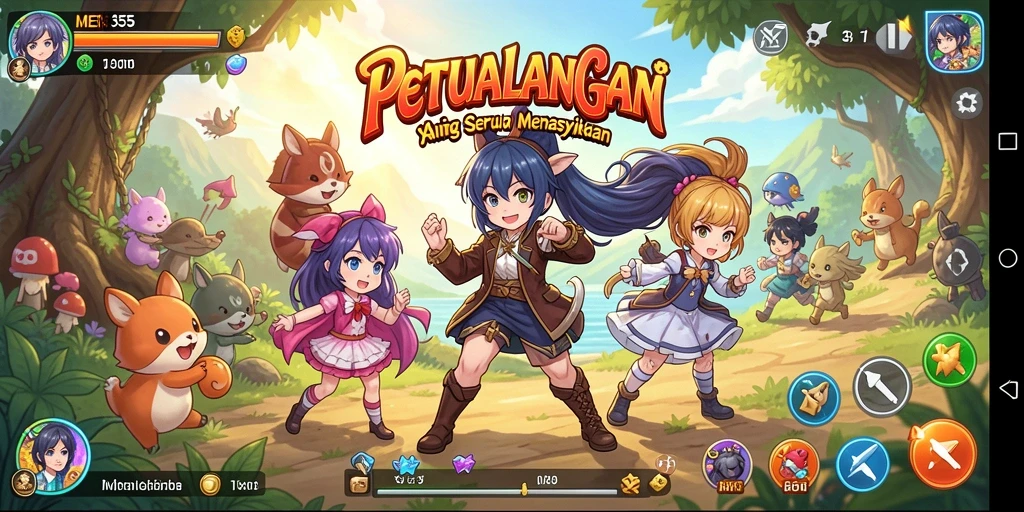 Tampilan gameplay ME355 yang penuh aksi dan warna-warni.