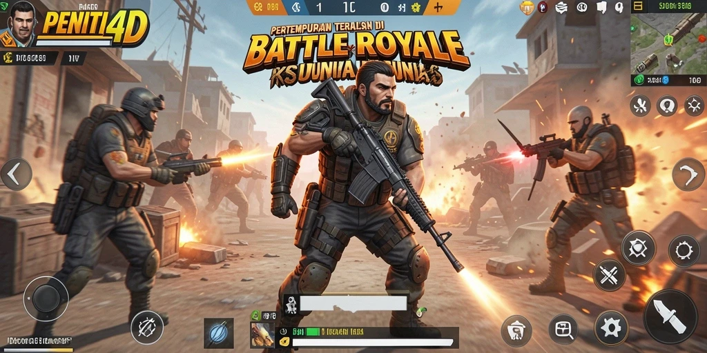 Screenshot utama PENITI4D menampilkan aksi Battle Royale yang mendebarkan.