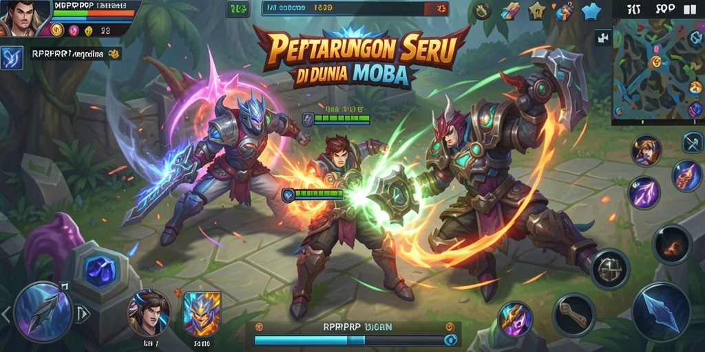 Tangkapan layar utama RPRPRP menampilkan aksi seru di arena MOBA.