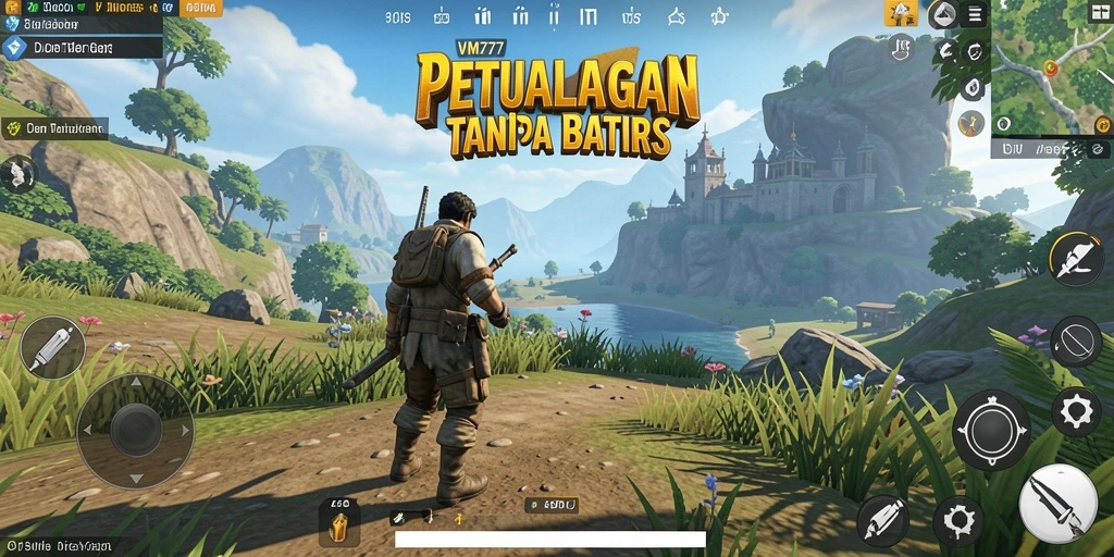 Tangkapan layar VM777 menampilkan aksi eksplorasi dalam dunia luas.